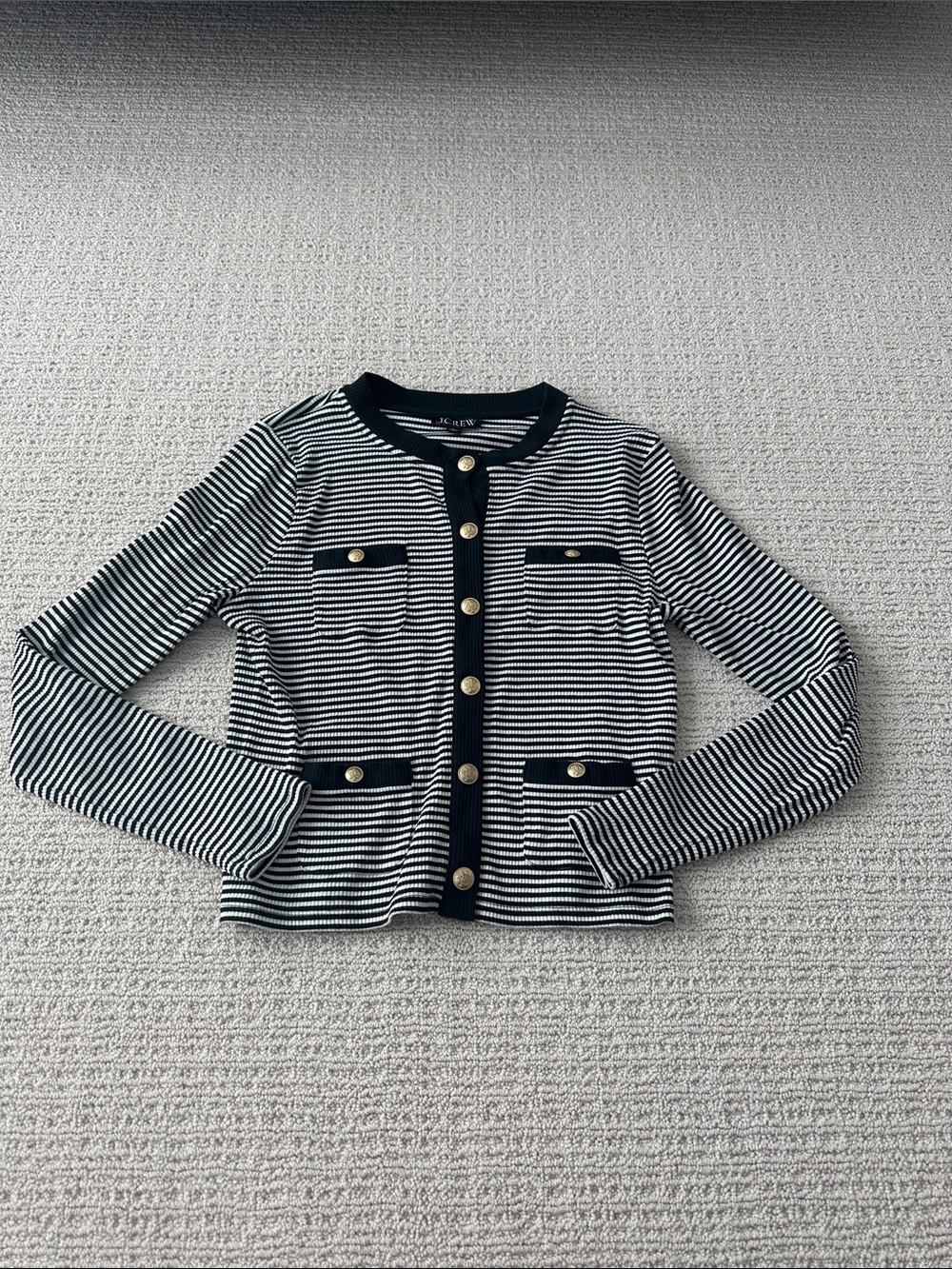 J. Crew Black and White Striped Cardigan with Gold Button